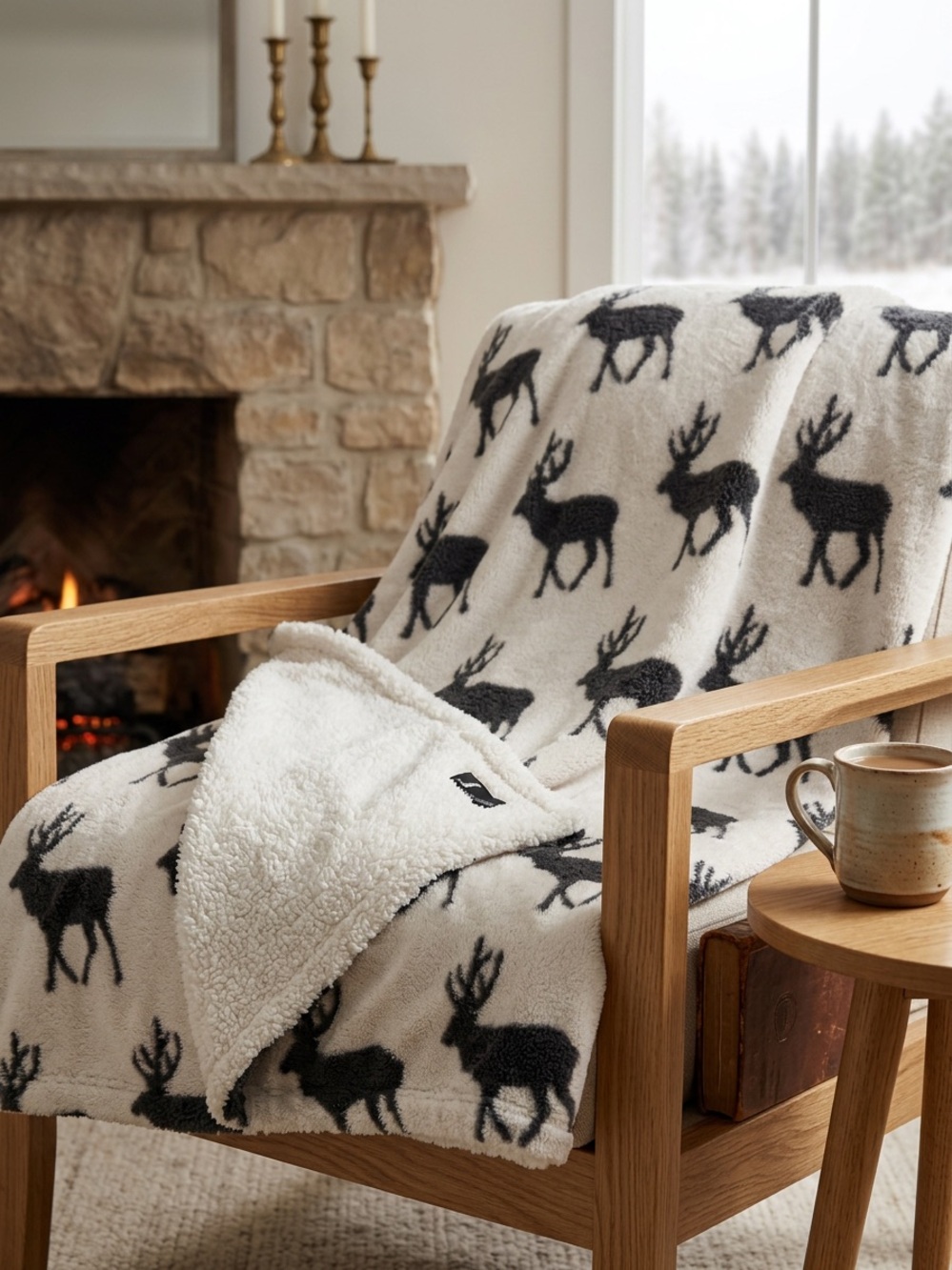 Indigo Sherpa Throw Blanket Reversible Fleece Grey White Deer Cozy 50x60